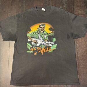 Vintage See You In Hell Skull Soldier Graphic Tee 2XL Black